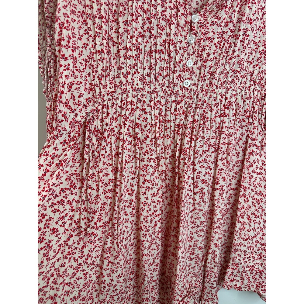 Free People One Fine Day Mini Dress Red Cream Ditsy Floral Pintuck XS Oversized - Picture 4 of 15